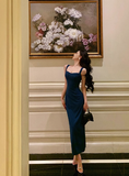 Vintage Sheath Square Neckline Blue Satin Sleeveless 18th Birthday Dress Party Gown Birthday Outfits For Women HZ1121