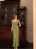 Vintage Mermaid Square Neckline Green Floral Sleeveless 18th Birthday Dress Party Gown Birthday Outfits For Women HZ1121