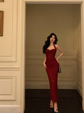 Vintage Sheath Halter Neckline Red Satin Sleeveless 18th Birthday Dress Party Gown Birthday Outfits For Women HZ1121