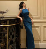 Pretty Mermaid Halter Navy Blue Satin 18th Birthday Dress Party Birthday Outfits For Women HZ1121