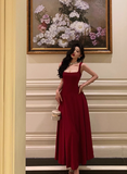 Vintage A Line Square Neckline Burgundy Satin Sleeveless 18th Birthday Dress Party Gown Birthday Outfits For Women HZ1121