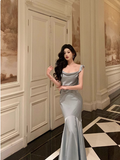 Vintage Mermaid Square Neckline Light Blue Satin Sleeveless 18th Birthday Dress Party Gown Birthday Outfits For Women HZ1121