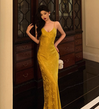 Pretty Mermaid Spaghetti Straps Yellow Satin 18th Birthday Dress Party Birthday Outfits For Womens HZ1121