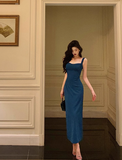 Vintage Sheath Square Neckline Blue Satin Sleeveless 18th Birthday Dress Party Gown Birthday Outfits For Women HZ1121