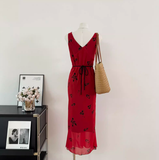 Cute A line V Neckline Red Floral Long Summer Dress For Women HZ1121