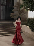 Stunning Mermaid Spaghetti Straps Long Wine Red Prom Dress Birthday Outfits HZ1022