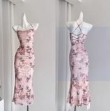 Cute Mermaid Spaghetti Straps Pink Floral Long Summer Dress For Women HZ1121
