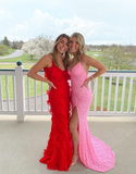 Elegant Mermaid Sequin Pink Long Prom Dresses Formal Dress HZ1022