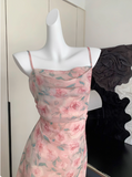 Cute A line Spaghetti Straps Pink Floral Long Chiffon Dress For Women HZ1121