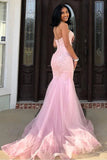 Classy Pink Sweetheart Sleeveless Lace Mermaid Prom Dresses with Train Evening Dresses Graduation Dress HZ1121