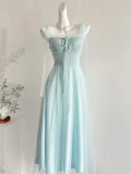 Elegant Light Blue A-line Square Neck Tulle Long Prom Dress Evening Dress Bridesmaid Dress HZ1022