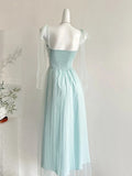 Elegant Light Blue A-line Square Neck Tulle Long Prom Dress Evening Dress Bridesmaid Dress HZ1022