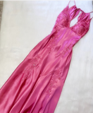 Chic Mermaid Spaghetti Straps Pink Satin Evening Dress Long Prom Dresses HZ1022