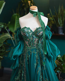 Vintage A line Appliques Lace-Up A-Line Dark Green Tulle Prom Dresses HZ1022