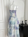 Dreamy Purple And Blue Gradient A-line Spaghetti Strap Cake Chiffon Long Prom Dress Evening Dress HZ1022