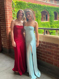 Elegant Blue Satin Mermaid Side Slit Long Evening Prom Dresses Sexy Prom Dress HZ1121