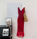 Cute A line V Neckline Red Floral Long Summer Dress For Women HZ1121
