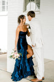 Royal Blue Mermaid Strapless Appliques Ruffle Prom Dress with HZ0308