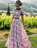 LTP1726,A-Line Round Neckline Short Sleeves 3D Floral Long Prom HZ0308