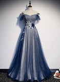 Navy Blue tulle long prom dress blue evening HZ0308