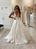 White v neck satin lace long prom dress evening HZ0308