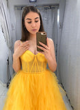Yellow tulle long prom dress evening HZ0308
