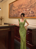 Vintage Mermaid Square Neckline Green Floral Sleeveless 18th Birthday Dress Party Gown Birthday Outfits For Women HZ1121