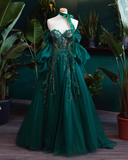 Vintage A line Appliques Lace-Up A-Line Dark Green Tulle Prom Dresses HZ1022