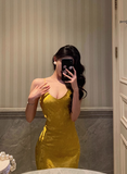 Pretty Mermaid Spaghetti Straps Yellow Satin 18th Birthday Dress Party Birthday Outfits For Womens HZ1121