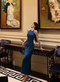 Pretty Mermaid Halter Navy Blue Satin 18th Birthday Dress Party Birthday Outfits For Women HZ1121