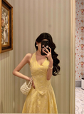 Sexy A line Halter Yellow 18th Birthday Dress Long Party Birthday Outfits For Women HZ1121