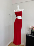 Cute Mermaid Spaghetti Straps 2 Pieces Red Long Summer Dress For Women HZ1121