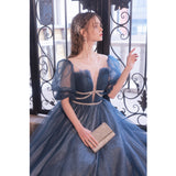 Blue A-line Tulle Long Formal Dress with Short Puffy HZ0308