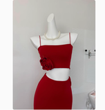 Cute Mermaid Spaghetti Straps 2 Pieces Red Long Summer Dress For Women HZ1121