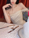 Mermaid Off The Shoulder Sequin Floor Length Prom Dress With Slit 21st Birthday Outfit HZ1022