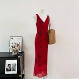 Cute A line V Neckline Red Floral Long Summer Dress For Women HZ1121