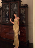 Classy Mermaid Spaghetti Straps Gold Long 18th Birthday Dress Party Gown 21st Birthday Outfits Birthday Dress Ideas For Women HZ1121