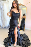 Royal Blue Mermaid Strapless Appliques Ruffle Prom Dress with HZ0308