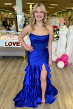 Royal Blue Mermaid Strapless Appliques Ruffle Prom Dress with HZ0308