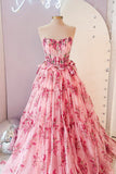 Pink Strapless Floral Print Ruffle Prom Dress with HZ0308