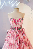 Pink Strapless Floral Print Ruffle Prom Dress with HZ0308