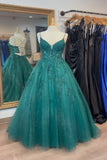 Emerald Spaghetti Strap Lace Applique Sequin Prom HZ0308