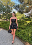 Cute Sheath Strapless Satin Black Mini Short Formal 8th Grade Homecoming Dresses Summer Middle School Hoco Dress Homecoming Outfits 16th Birthday Outfit HZ1121