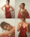 Elegant Sheath Spaghetti Straps Red Satin Long Prom Dresses Party Dress Summer 20th Birthday Outfits 18th Birthday Dresses HZ1121
