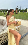 Elegant Sheath One Shoulder Yellow Slit Satin Long Prom Dresses Party Dress Summer 20th Birthday Outfits 18th Birthday Dresses HZ1121
