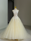 Pretty Ball Gown High Neck Tulle Light Yellow Long Quinceanera Dress Formal Gowns Vestido De 15 Anos Sweet 16 Dress HZ1121
