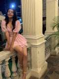 Cute Ball Gown V Neck Pink Short Sleeves Formal 8th Grade Homecoming Dresses Summer Middle School Hoco Dress Homecoming Outfits HZ1121
