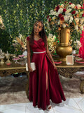 Classy A line Off The Shoulder Satin Burgundy Long Formal Prom Gown Summer Wedding Guest Dress Bridal Guest Dresses Wedding Outfits For Guest HZ1121