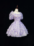 Sexy Ball Gown Square Neck Short Sleeves Lilac Tulle Short Mini Formal 7th Grade Homecoming Dresses Middle School Cocktail Night Dress Hoco Outfits HZ1121
