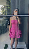 Cute Sheath Strapless Hot Pink Lace Short Formal 8th Grade Homecoming Dresses Summer Middle School Hoco Dress Homecoming Outfits HZ1121
